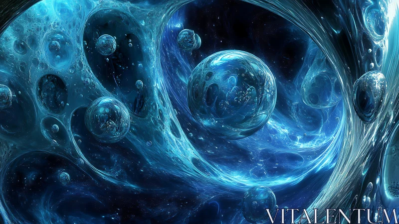 Spherical liquid structures suspended in blue fluid space.