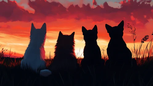 Four Cats Silhouetted Against Burning Sunset Sky