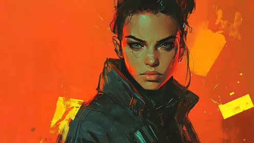 Defiant cyber heroine against vivid neon orange blaze.