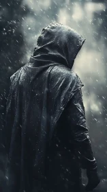 Hooded shadow walks through needle-thin winter rain