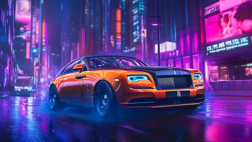 Neon city royalty: orange luxury coupe cruising midnight streets.