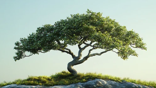 Wind-shaped solitary tree on rocky knoll, high-detail render.