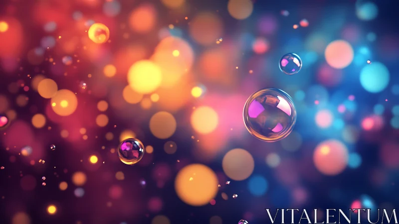 Floating glass bubbles glow amid dreamy neon bokeh lights