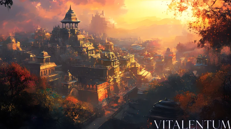 Sunlit terraced temple city in atmospheric golden haze at dusk