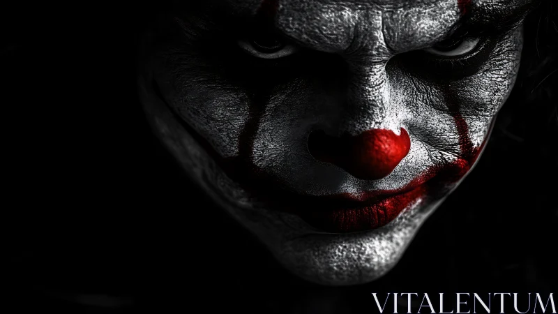 Sinister clown close-up with harsh shadows and red makeup.