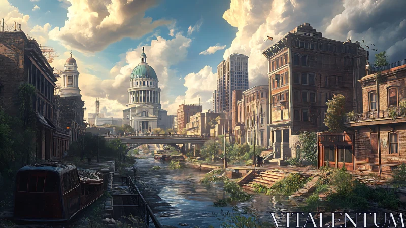 Sunlit canal city reclaimed by wild gardens and memory.