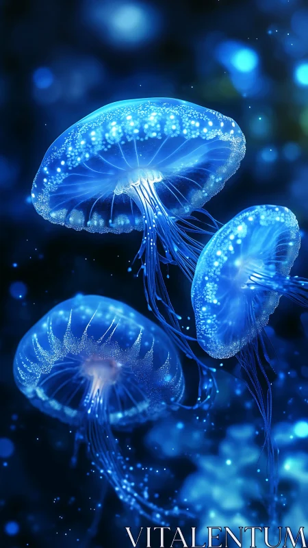 Glowing blue jellyfish drift in dark underwater environment