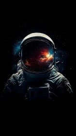 Cosmic reflection inside silhouetted astronaut visor glow.