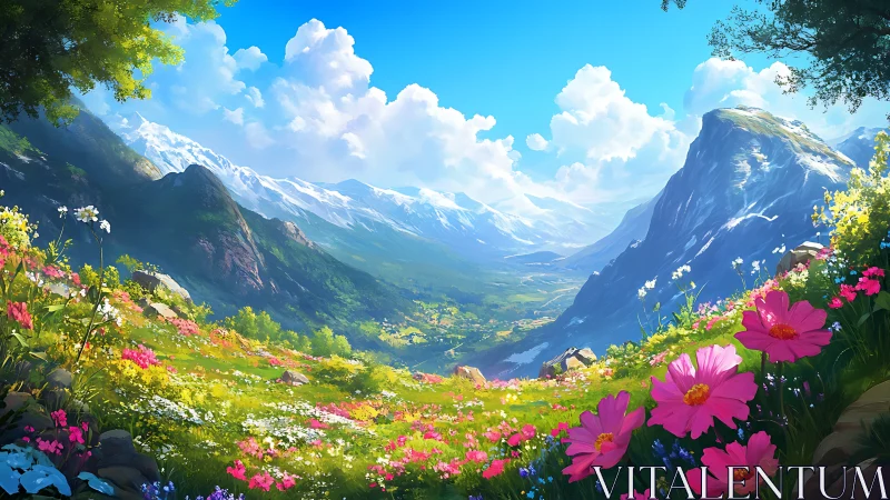 Colorful alpine valley with wildflower meadow and mountains.