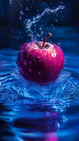Crimson apple erupts from sapphire water in frozen motion.