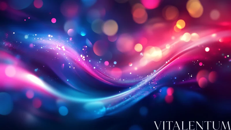 Digital painting of neon fluid light waves with bokeh orbs.