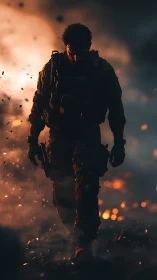 Silhouetted combat figure walking through burning debris.