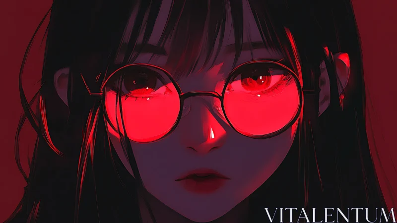 Anime portrait with neon red glasses and dramatic chiaroscuro lighting.