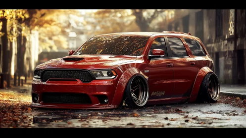 Stanced red SUV dominates autumn city street scene.