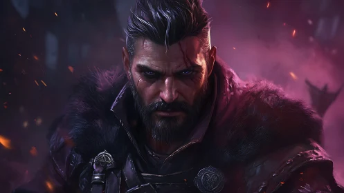 Scarred warlord under ember-lit violet battlefield haze.