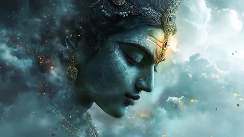 Divine celestial deity portrait in luminous teal nebula.