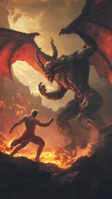 Brave warrior stands firm before a towering fire demon.