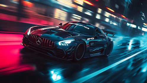 Mercedes AMG race car speeding through neon city street.