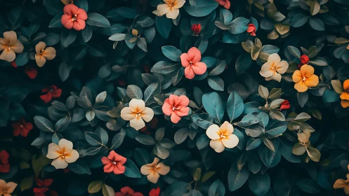 Coral Blooms Against Teal Foliage in Garden Arrangement.