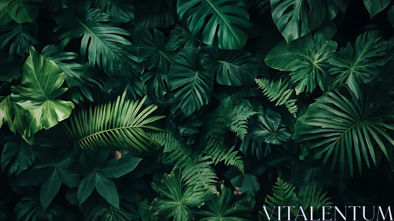 Dense tropical leaf canopy with layered botanical textures.