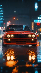 Neon-soaked red BMW M car under urban night rain.