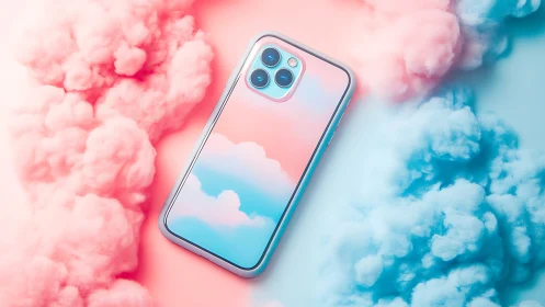 Dreamy pastel smartphone floats between candy clouds