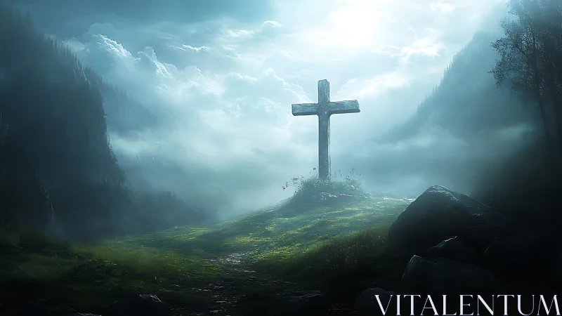 Lone stone cross rises through mist in a tranquil valley.