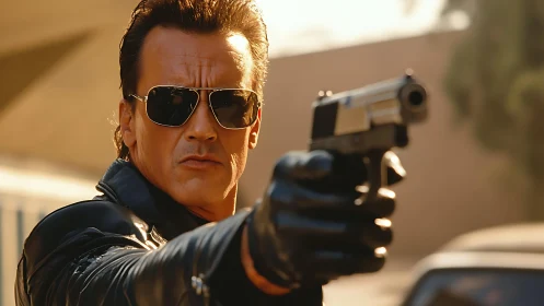 Stoic leather-clad protector holds his aim with calm focus.