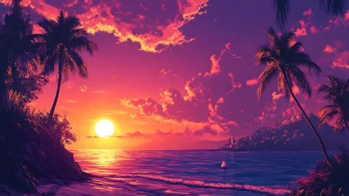 Sun descends over stylized tropical shoreline with palms