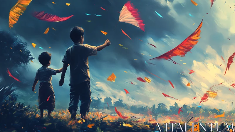 Two Young Friends Flying Colorful Kites Together