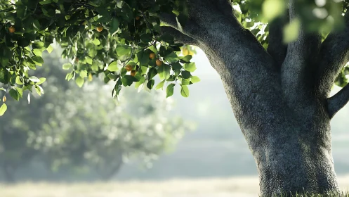 Photoreal citrus tree trunk with volumetric bokeh lighting.