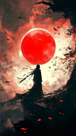 Silhouetted wanderer before oversized red eclipse disc.