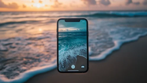 Floating phone frames sunset surf in dreamy seashore portal.