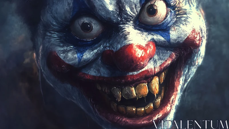 Grotesque killer clown grins with decayed yellow teeth