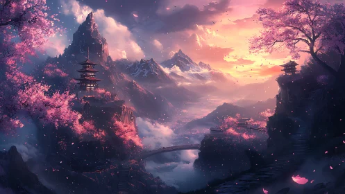 Twilight pagoda valley beneath luminous cherry blossoms.