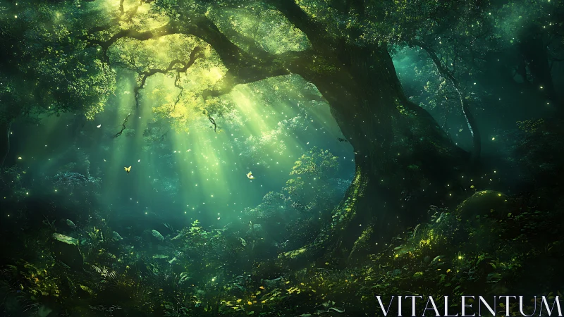 Enchanted forest glows beneath radiant emerald light beams.