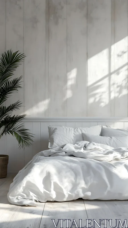Minimalist white bedroom with unmade bed and morning sunlight