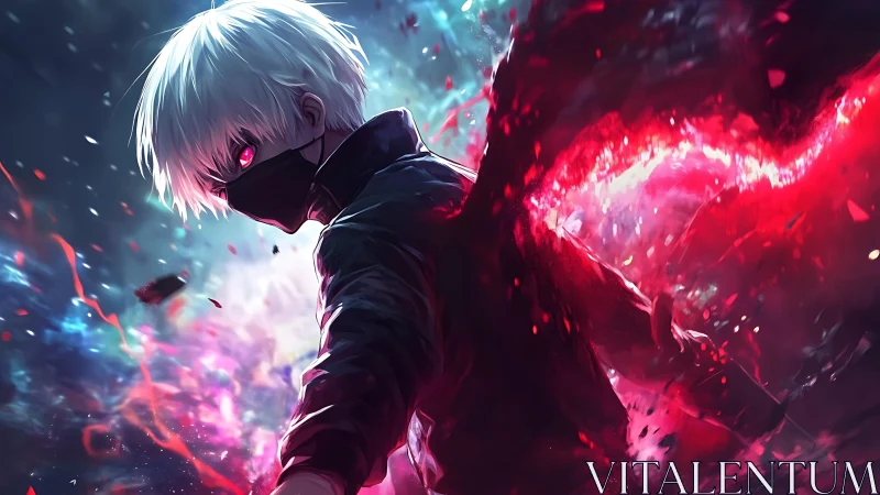 Masked white haired figure with red energy in stormy void.