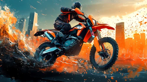 Dynamic off road motorcycle jump in explosive cityscape lighting