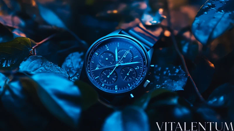 Blue chronograph wristwatch in cinematic bokeh foliage lighting