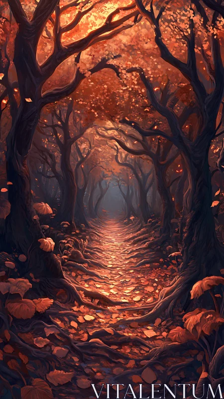 Luminous Forest Corridor: Autumn Canopy with Radiant Pathway.