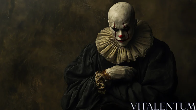 Low key portrait of sinister harlequin clown in ruffled collar