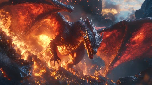 Inferno-winged dragon strides through a river of molten dusk.