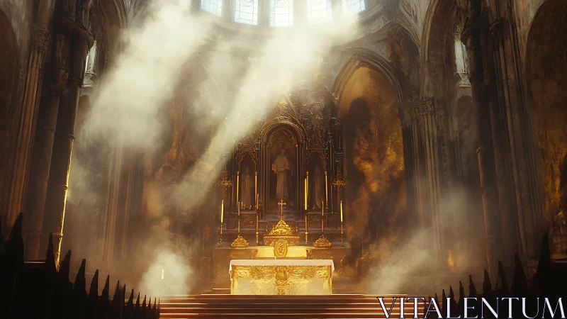 Golden cathedral altar shimmers in shafts of sacred light