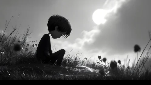 Monochrome 3D boy silhouette in contemplative meadow tableau.