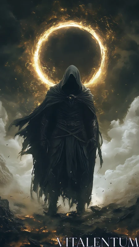 Hooded wraith beneath blazing celestial fire ring.