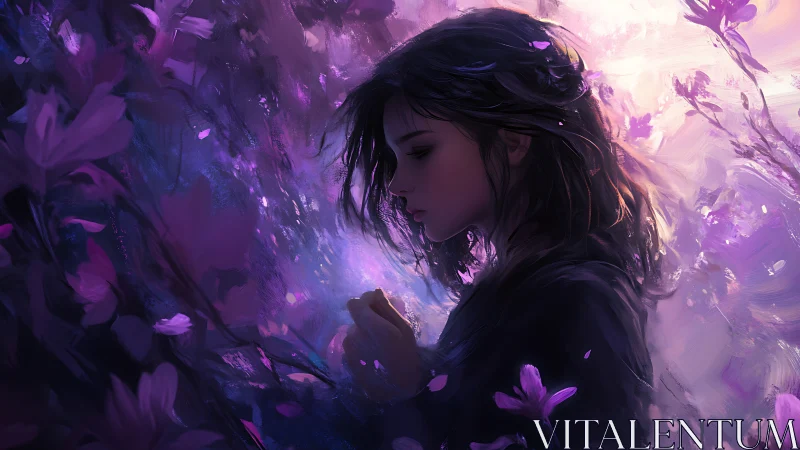 Melancholic girl in violet blossoms rendered as painterly light