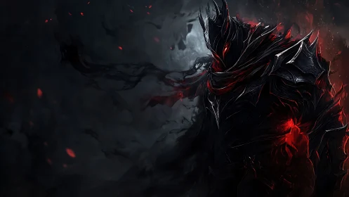 Shadow-wreathed dark knight radiates crimson inferno power.