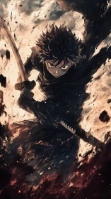 Stormlit swordsman tears through a shattering dusk sky