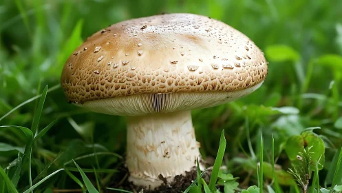 Single brown mushroom growing in green grassy habitat.
